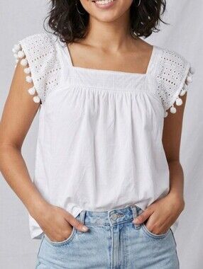 J. Crew White Square-Neck Crochet Sleeve Blousesize 2